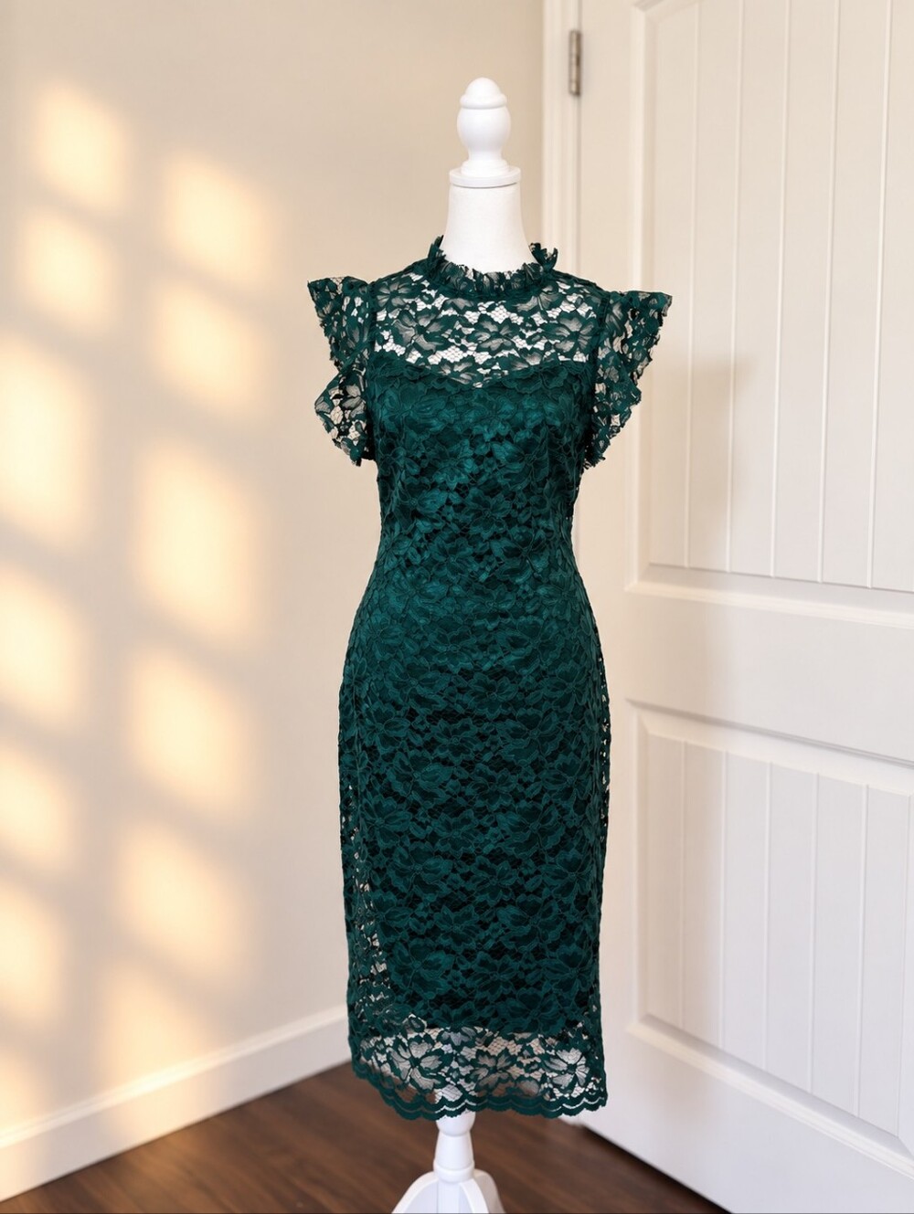 Emerald Lace Midi Dress with High Neck and Flutter Sleeves
